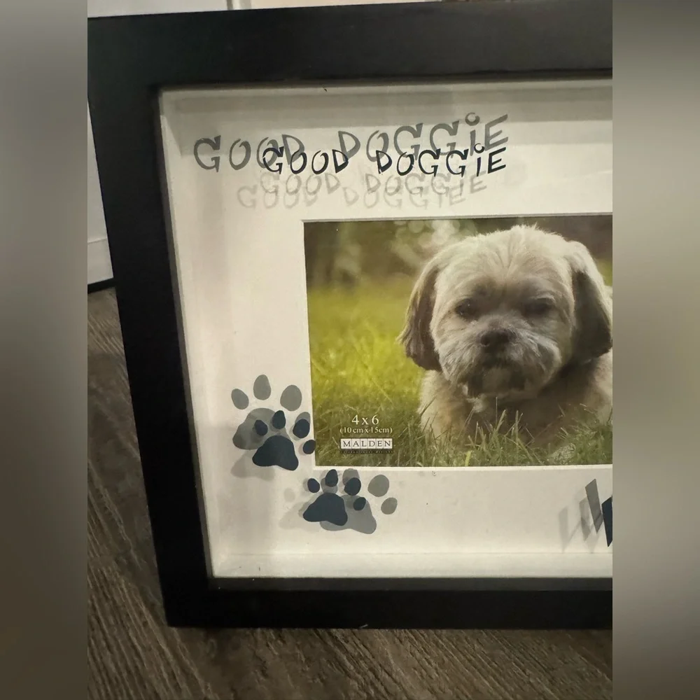 Cute Black Dog Photo Window Frame with Paw Prints